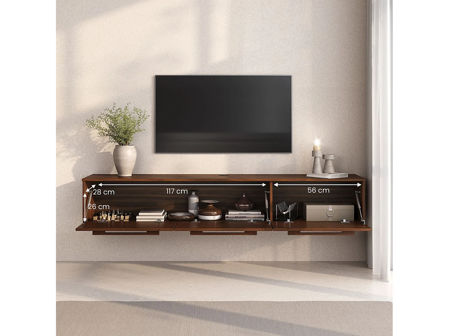 Meuble TV Suspendu TECCA L 180 cm en Bois Massif Coloris Châtaignier avec 3 Portes, Meuble Télé Mural Design Moderne