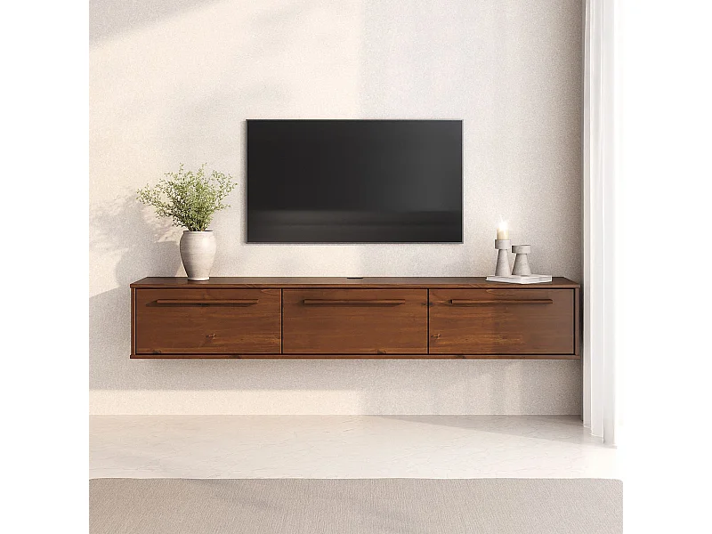 Meuble TV Suspendu TECCA L 180 cm en Bois Massif Coloris Châtaignier avec 3 Portes, Meuble Télé Mural Design Moderne