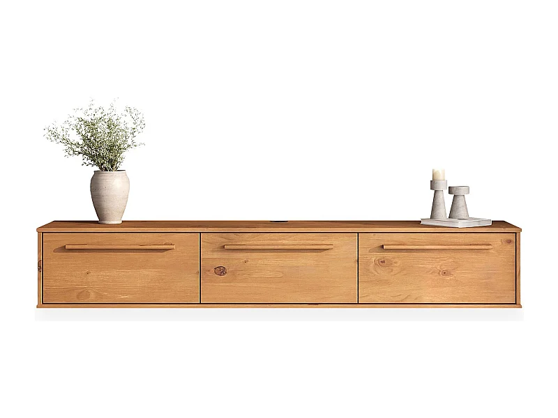 Meuble TV Suspendu TECCA L 180 cm en Bois Massif Coloris chêne avec 3 Portes, Meuble Télé Mural Design Moderne