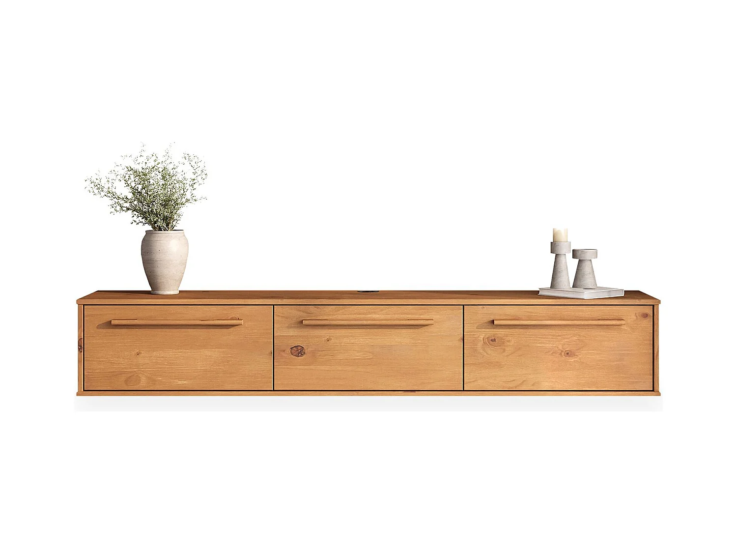 Meuble TV Suspendu TECCA L 180 cm en Bois Massif Coloris chêne avec 3 Portes, Meuble Télé Mural Design Moderne