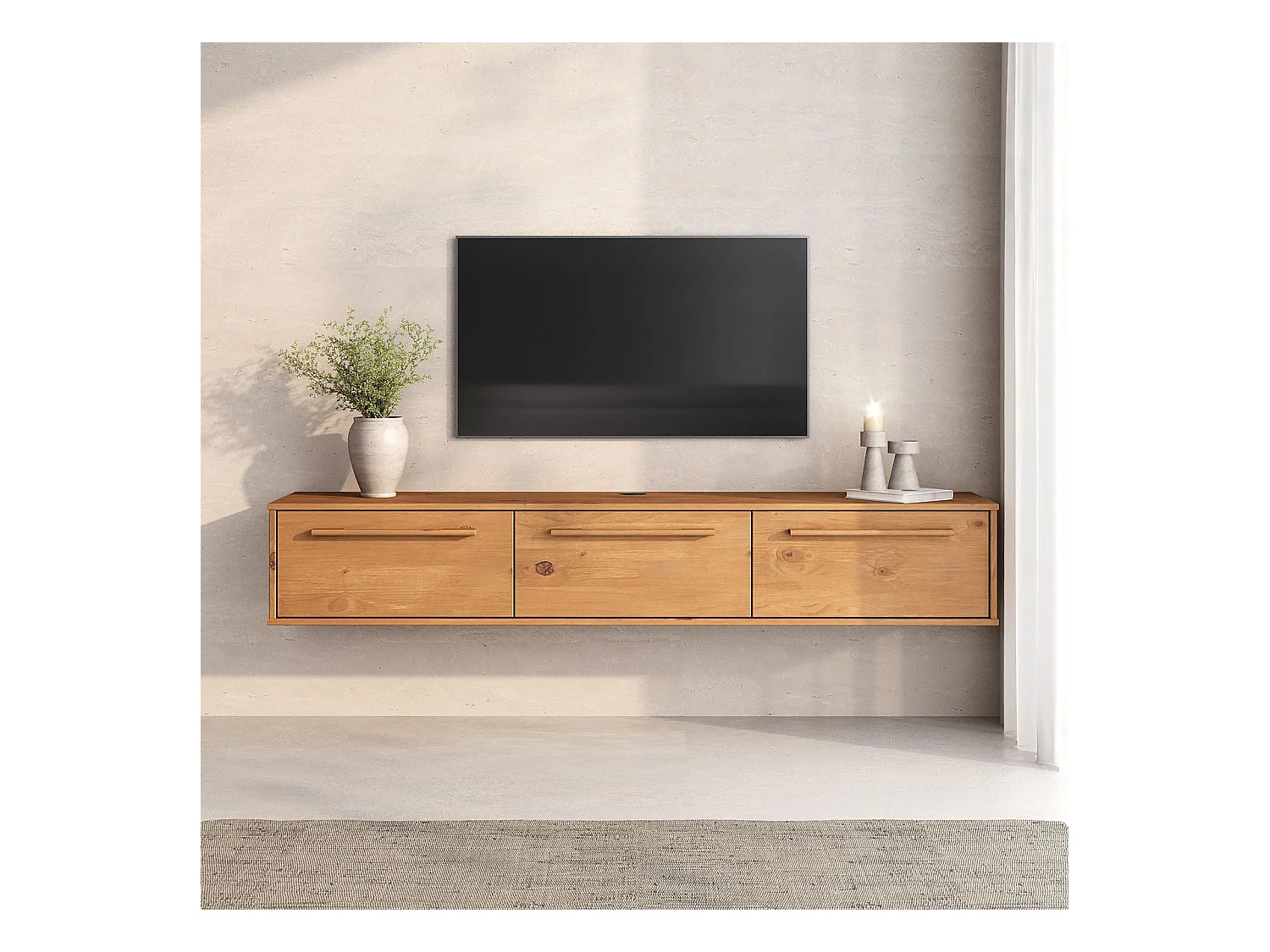 Meuble TV Suspendu TECCA L 180 cm en Bois Massif Coloris chêne avec 3 Portes, Meuble Télé Mural Design Moderne