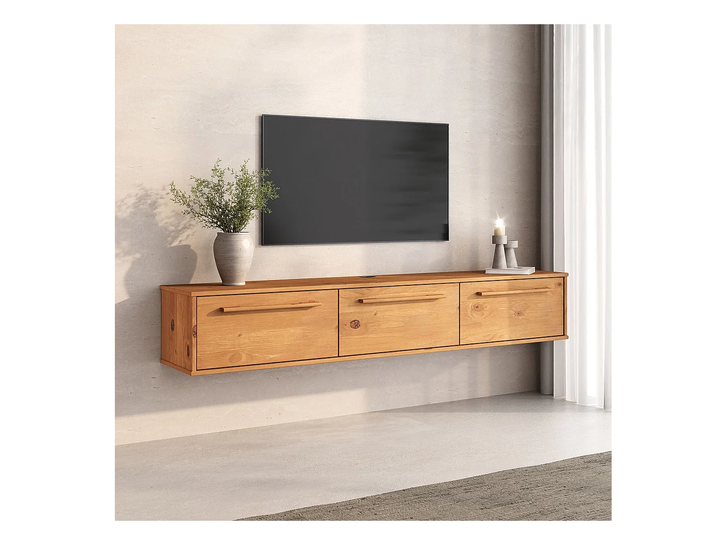 Meuble TV Suspendu TECCA L 180 cm en Bois Massif Coloris chêne avec 3 Portes, Meuble Télé Mural Design Moderne