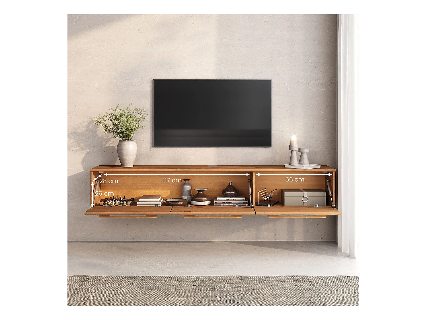 Meuble TV Suspendu TECCA L 180 cm en Bois Massif Coloris chêne avec 3 Portes, Meuble Télé Mural Design Moderne