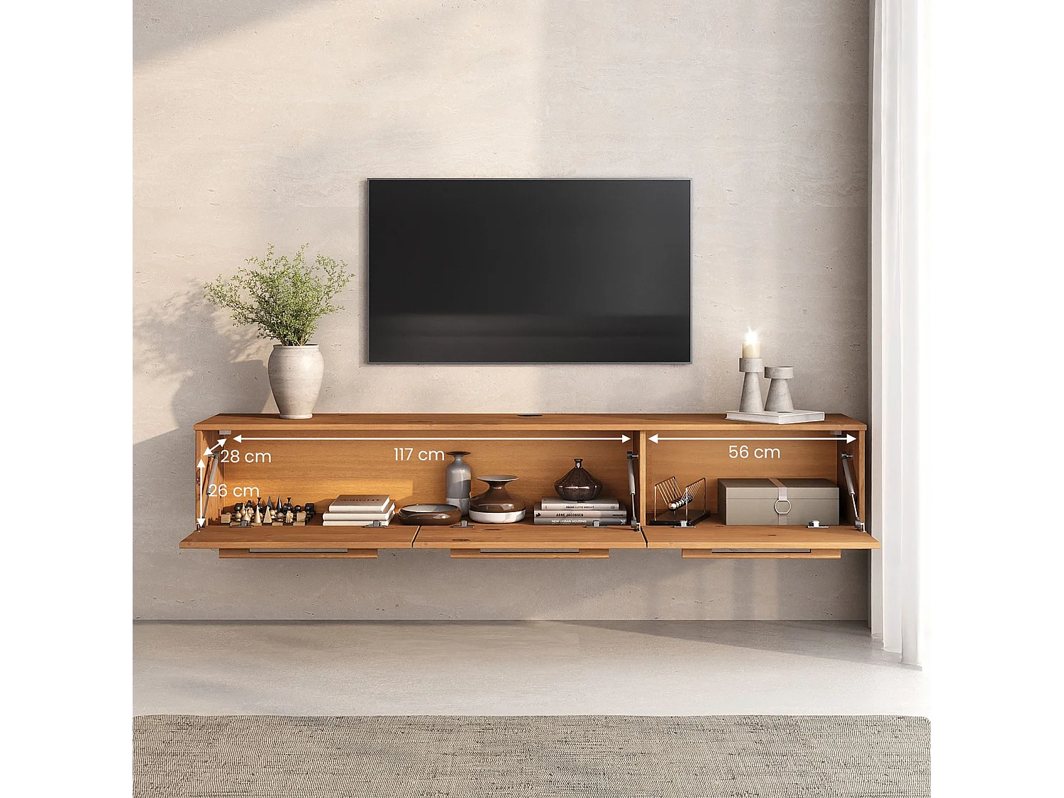 Meuble TV Suspendu TECCA L 180 cm en Bois Massif Coloris chêne avec 3 Portes, Meuble Télé Mural Design Moderne