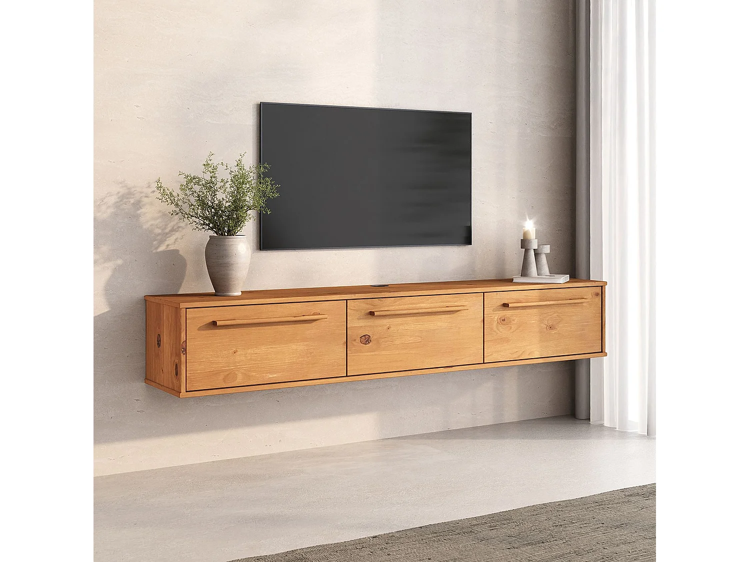 Meuble TV Suspendu TECCA L 180 cm en Bois Massif Coloris chêne avec 3 Portes, Meuble Télé Mural Design Moderne