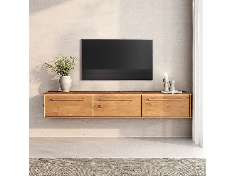 Meuble TV Suspendu TECCA L 180 cm en Bois Massif Coloris chêne avec 3 Portes, Meuble Télé Mural Design Moderne