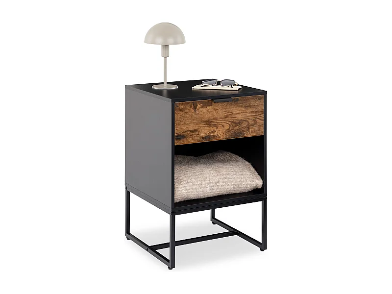 Table de chevet MALAM H 61 cm 1 Tiroir Coloris Noir et Brun Vintage avec Niche et Pieds en métal, Design Moderne avec Rangement