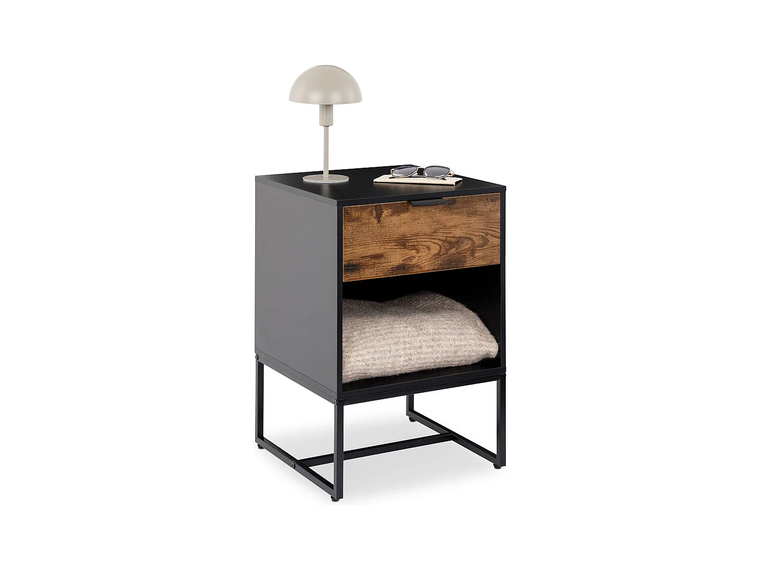 Table de chevet MALAM H 61 cm 1 Tiroir Coloris Noir et Brun Vintage avec Niche et Pieds en métal, Design Moderne avec Rangement