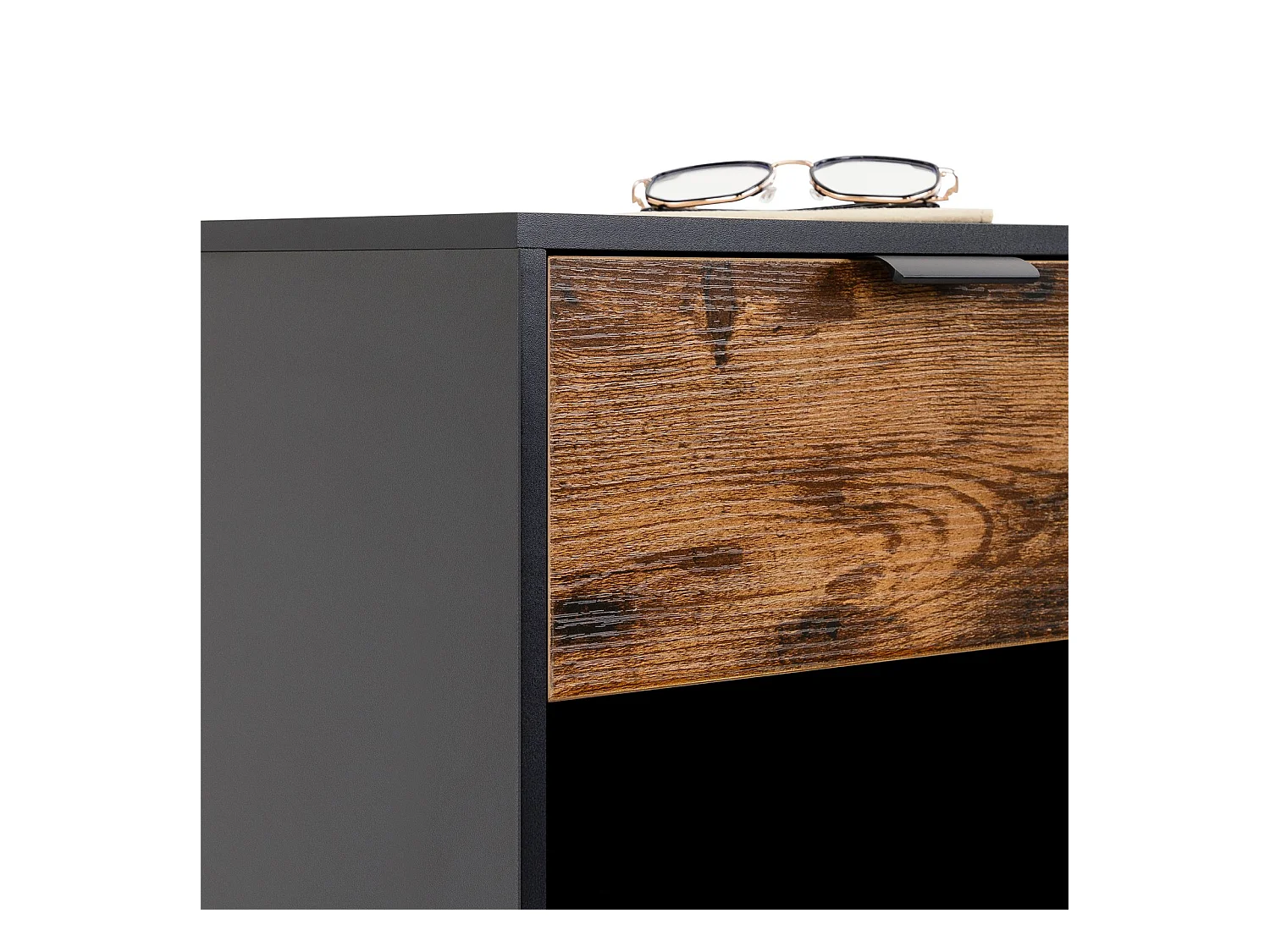 Table de chevet MALAM H 61 cm 1 Tiroir Coloris Noir et Brun Vintage avec Niche et Pieds en métal, Design Moderne avec Rangement