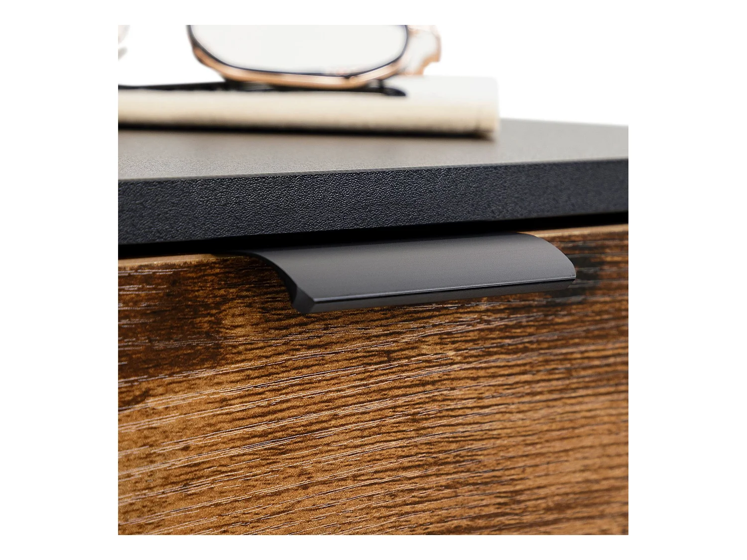 Table de chevet MALAM H 61 cm 1 Tiroir Coloris Noir et Brun Vintage avec Niche et Pieds en métal, Design Moderne avec Rangement