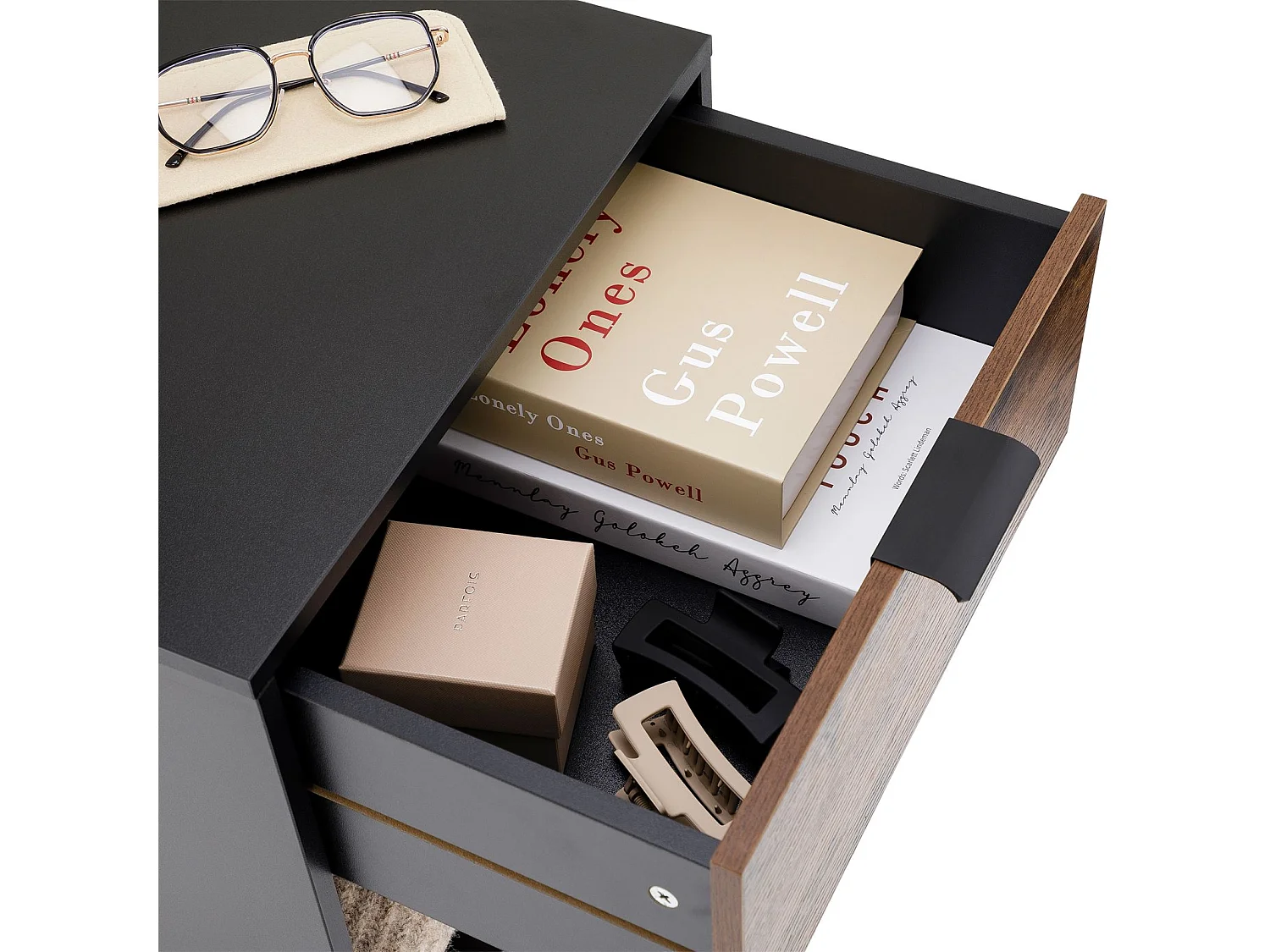 Table de chevet MALAM H 61 cm 1 Tiroir Coloris Noir et Brun Vintage avec Niche et Pieds en métal, Design Moderne avec Rangement