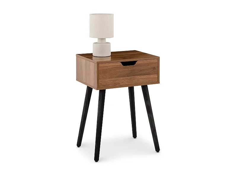 Table de chevet LAYLA H 57 cm avec 1 Tiroir Coloris Noyer Design Moderne, Table de Nuit sur Pieds en Bois