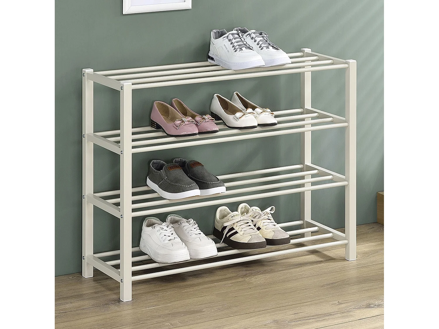 Étagère à chaussures NAVAN rangement porte-chaussures avec 4 niveaux en métal laqué beige pour 16 paires de chaussures