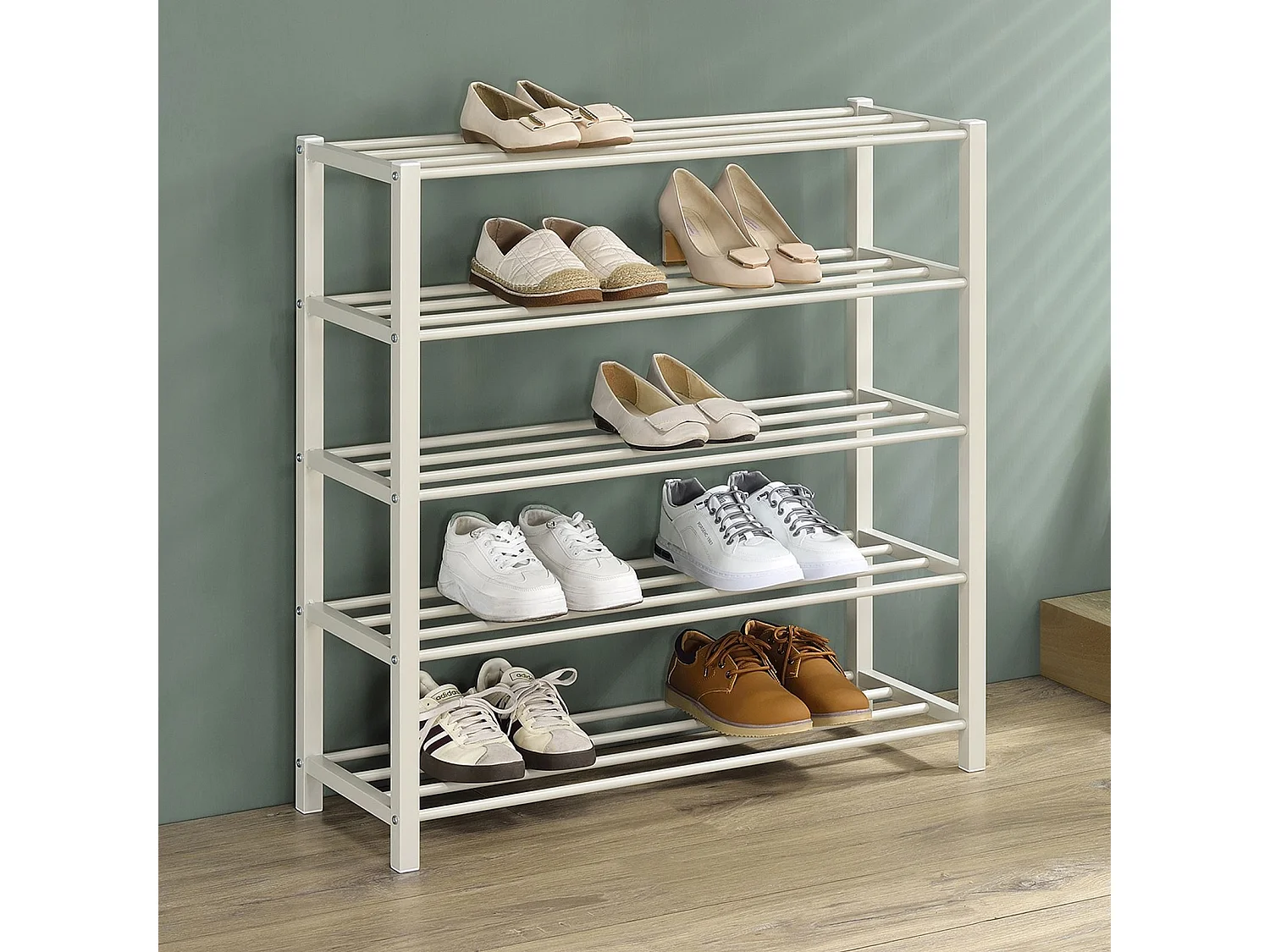 Étagère à chaussures NAVAN rangement porte-chaussures avec 5 niveaux en métal laqué beige pour 20 paires de chaussures