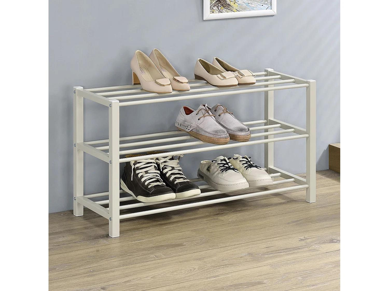 Étagère à chaussures NAVAN rangement porte-chaussures avec 3 niveaux en métal laqué beige pour 12 paires de chaussures