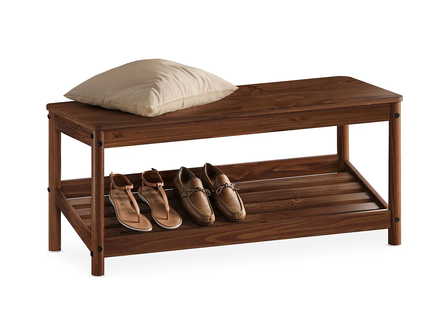 Banc à Chaussures APOANA pour Entrée L 110 cm en Bois Massif Coloris Châtaignier pour 5 à 6 Paires de Chaussures