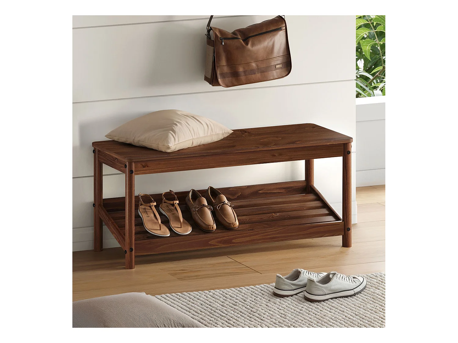 Banc à Chaussures APOANA pour Entrée L 110 cm en Bois Massif Coloris Châtaignier pour 5 à 6 Paires de Chaussures