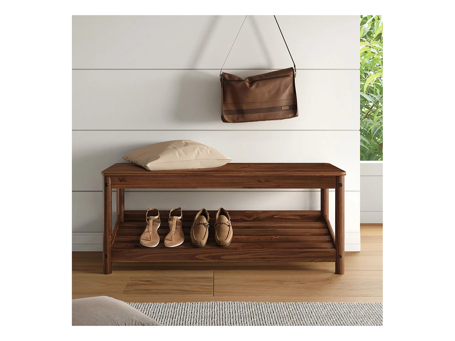 Banc à Chaussures APOANA pour Entrée L 110 cm en Bois Massif Coloris Châtaignier pour 5 à 6 Paires de Chaussures