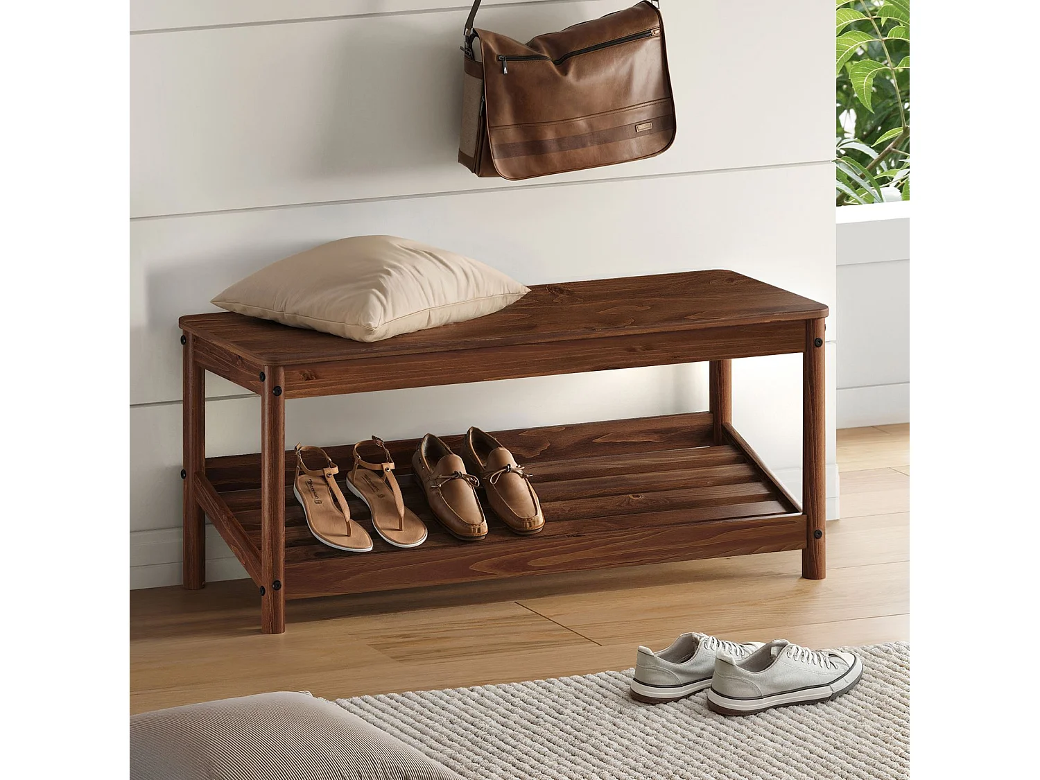 Banc à Chaussures APOANA pour Entrée L 110 cm en Bois Massif Coloris Châtaignier pour 5 à 6 Paires de Chaussures