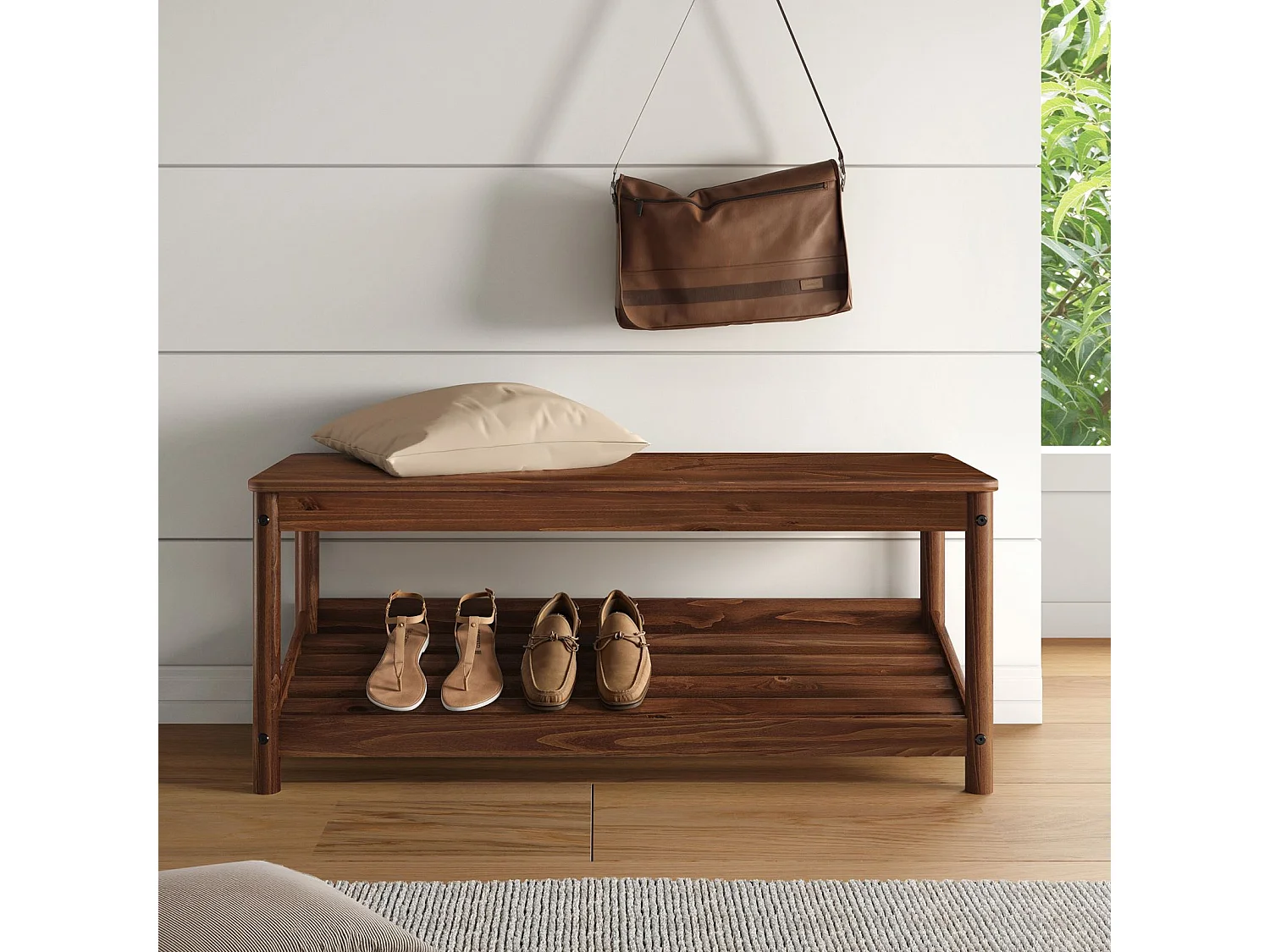 Banc à Chaussures APOANA pour Entrée L 110 cm en Bois Massif Coloris Châtaignier pour 5 à 6 Paires de Chaussures