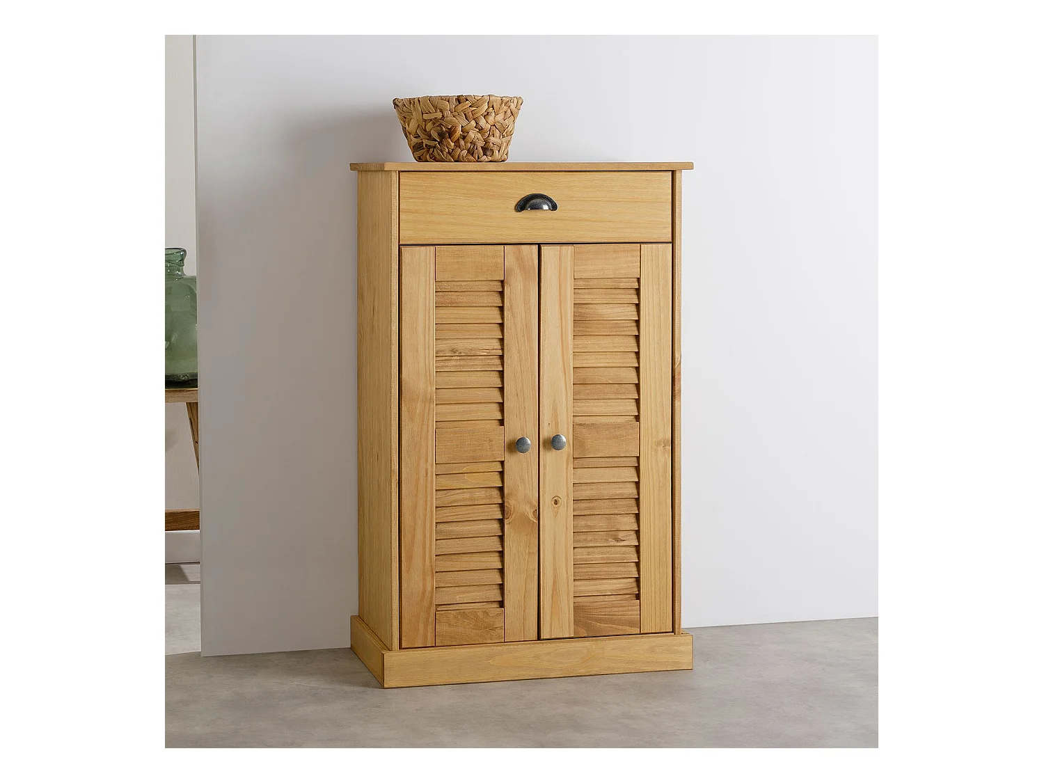 Étagère à chaussures VENETA en bois massif coloris naturel avec 2 portes et 1 tiroir