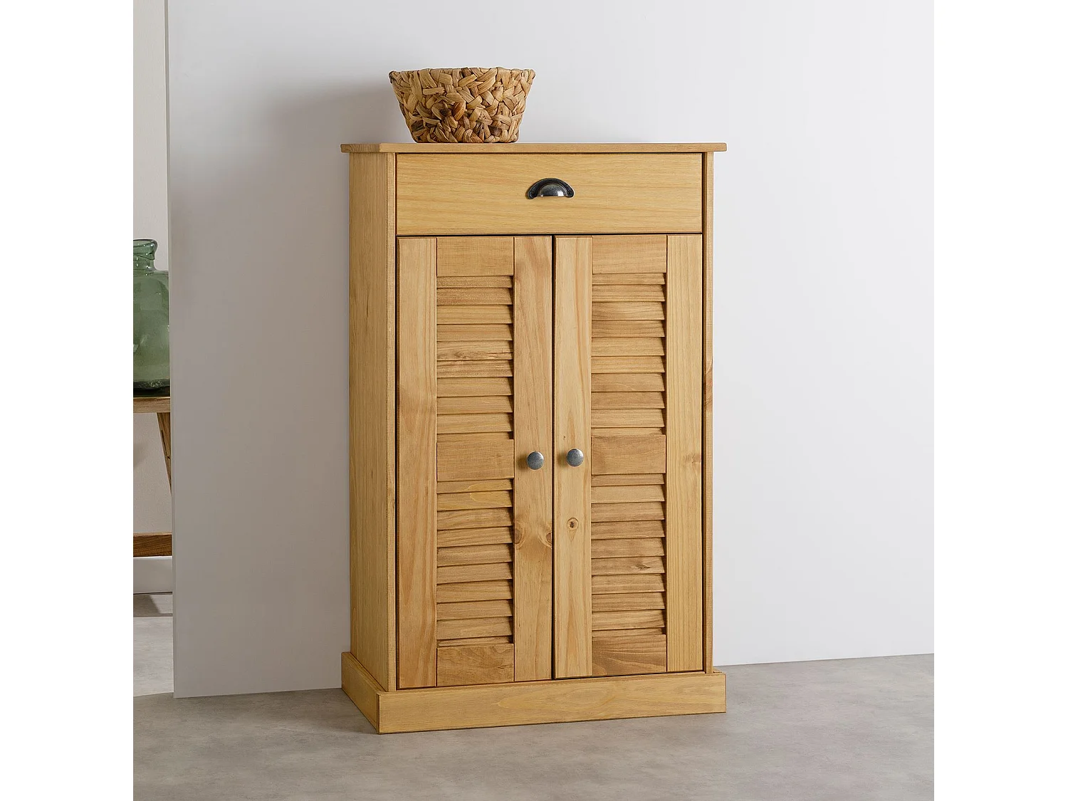Étagère à chaussures VENETA en bois massif coloris naturel avec 2 portes et 1 tiroir