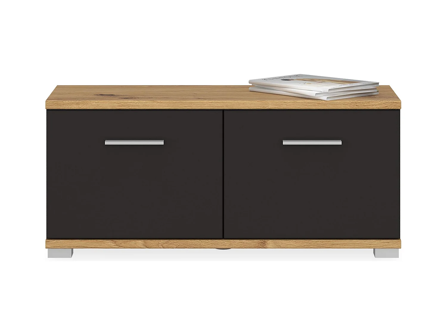 Banc de rangement à chaussures VIELLA L 90 cm pour entrée avec 2 portes coloris gris cosmos et chêne artisan