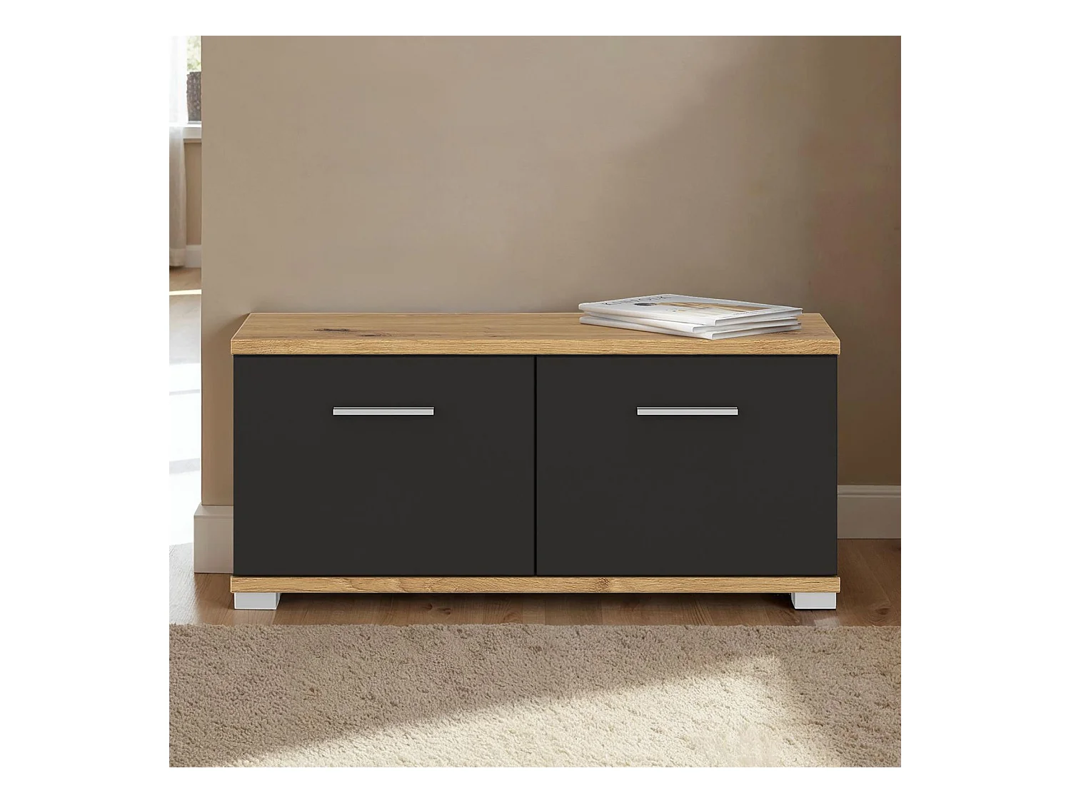 Banc de rangement à chaussures VIELLA L 90 cm pour entrée avec 2 portes coloris gris cosmos et chêne artisan