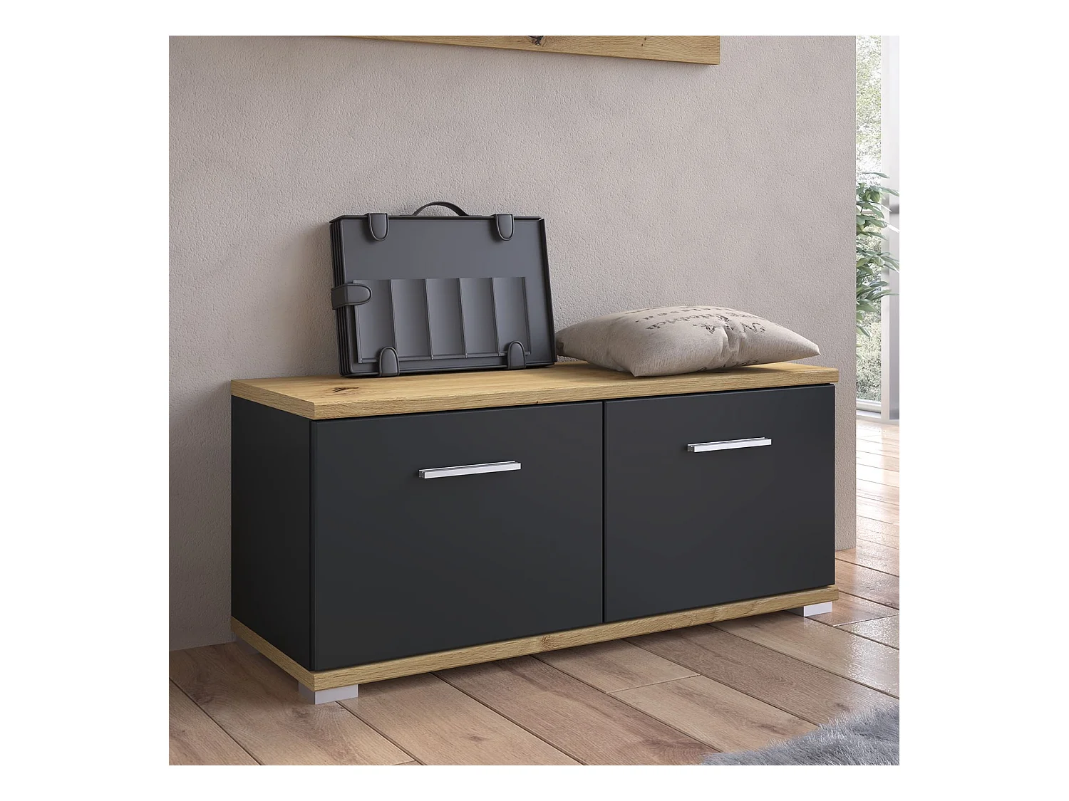 Banc de rangement à chaussures VIELLA L 90 cm pour entrée avec 2 portes coloris gris cosmos et chêne artisan