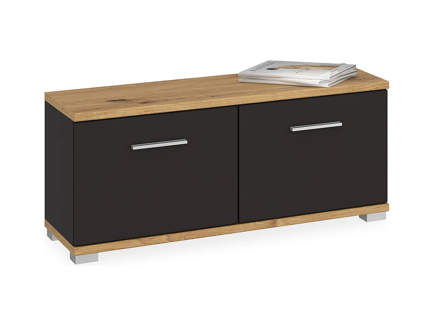 Banc de rangement à chaussures VIELLA L 90 cm pour entrée avec 2 portes coloris gris cosmos et chêne artisan