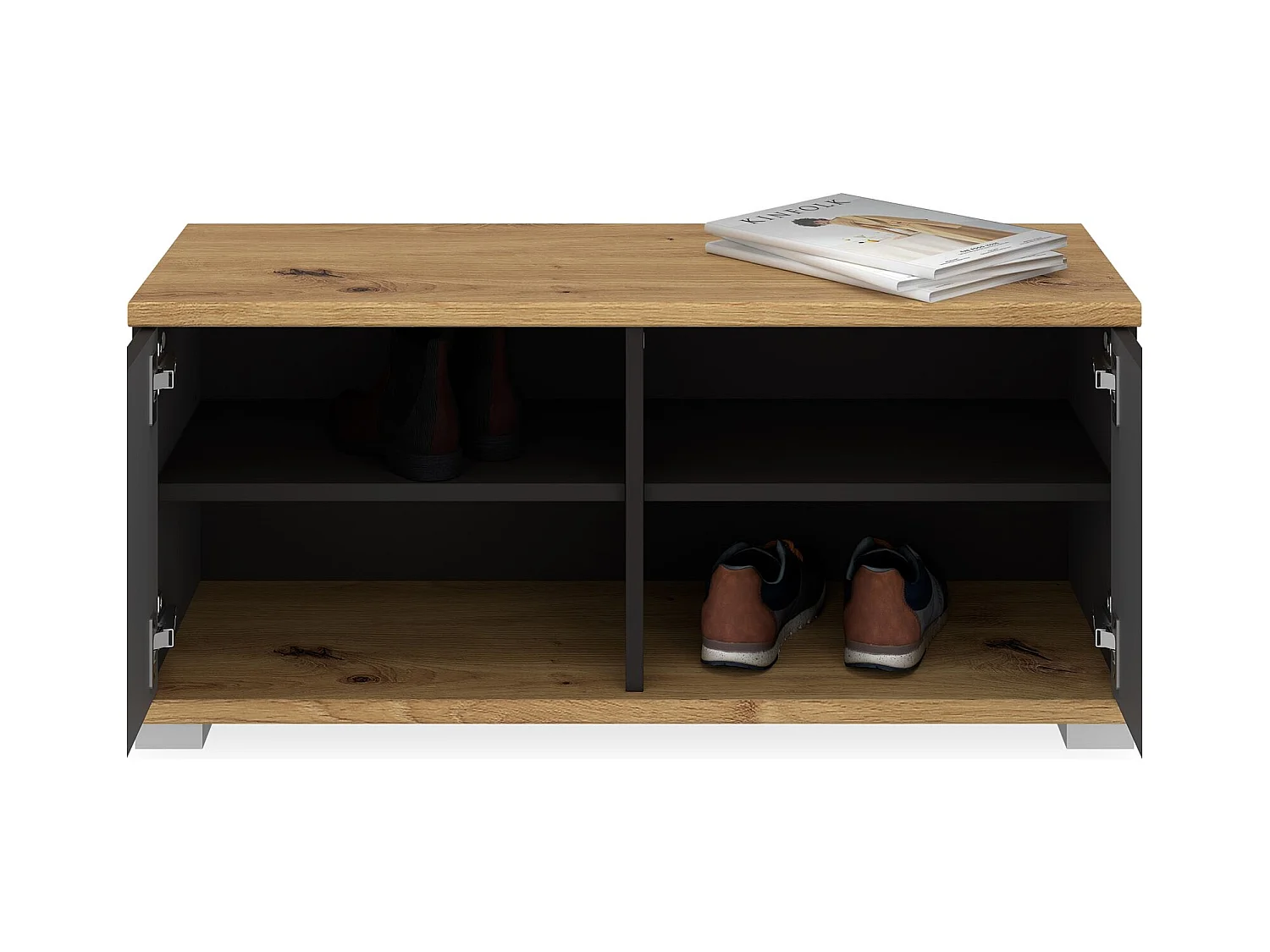 Banc de rangement à chaussures VIELLA L 90 cm pour entrée avec 2 portes coloris gris cosmos et chêne artisan