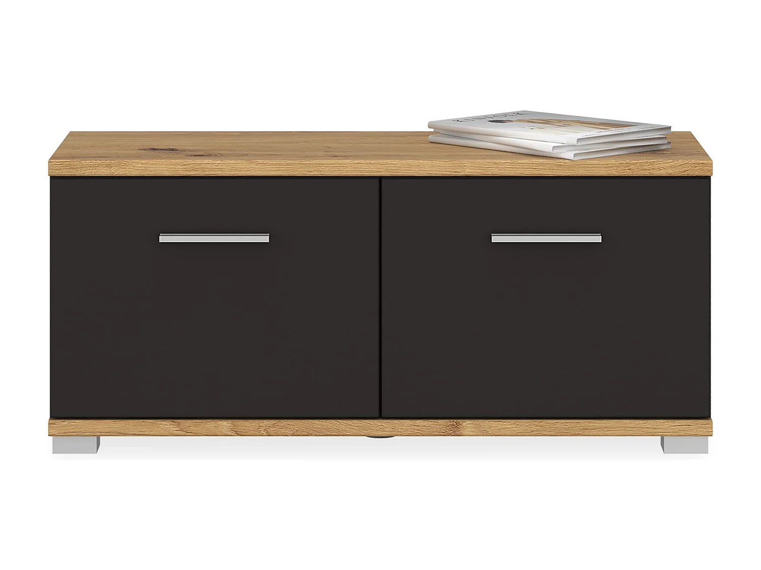 Banc de rangement à chaussures VIELLA L 90 cm pour entrée avec 2 portes coloris gris cosmos et chêne artisan