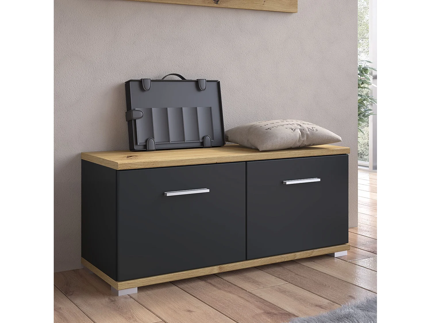 Banc de rangement à chaussures VIELLA L 90 cm pour entrée avec 2 portes coloris gris cosmos et chêne artisan