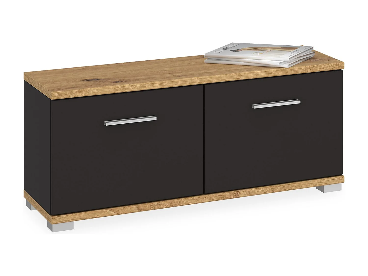 Banc de rangement à chaussures VIELLA L 90 cm pour entrée avec 2 portes coloris gris cosmos et chêne artisan