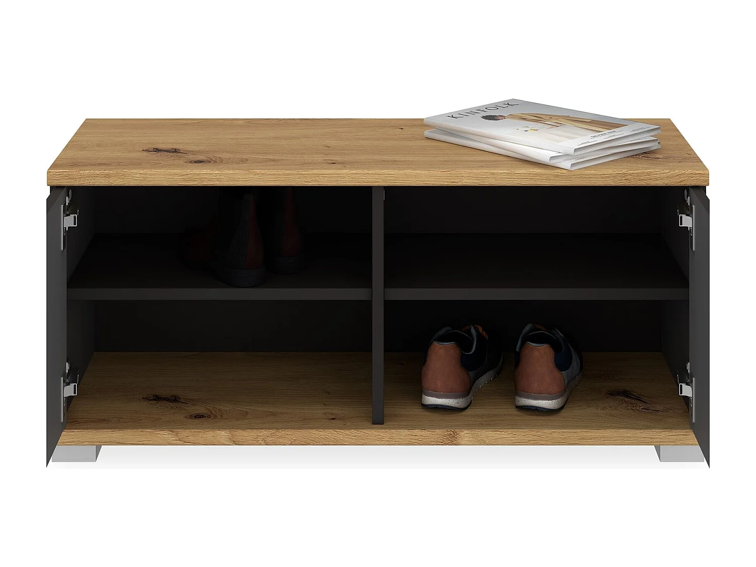 Banc de rangement à chaussures VIELLA L 90 cm pour entrée avec 2 portes coloris gris cosmos et chêne artisan