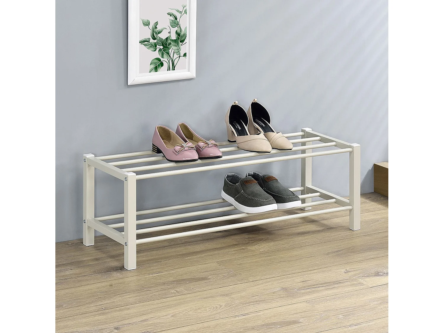 Étagère à chaussures NAVAN rangement porte-chaussures avec 2 niveaux en métal laqué beige pour 8 paires de chaussures