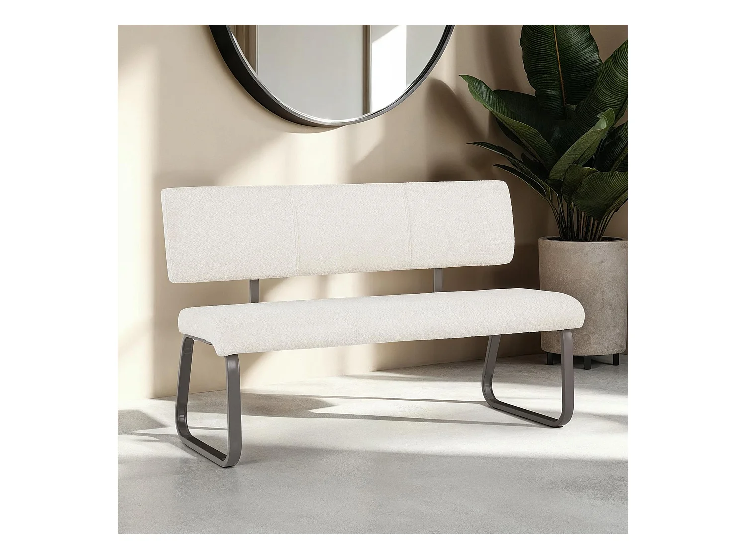 Banc d'entrée VILAS siège avec 3 places, banquette au piètement chromé, revêtement en tissu bouclé, blanc