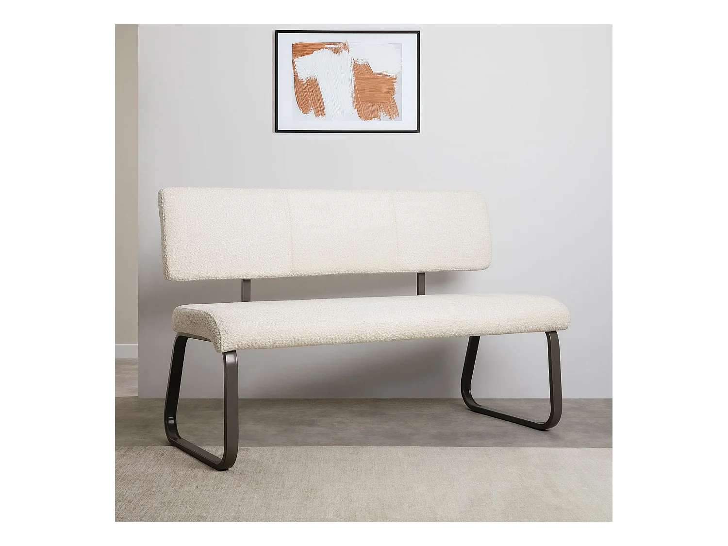 Banc d'entrée VILAS siège avec 3 places, banquette au piètement chromé, revêtement en tissu bouclé, blanc