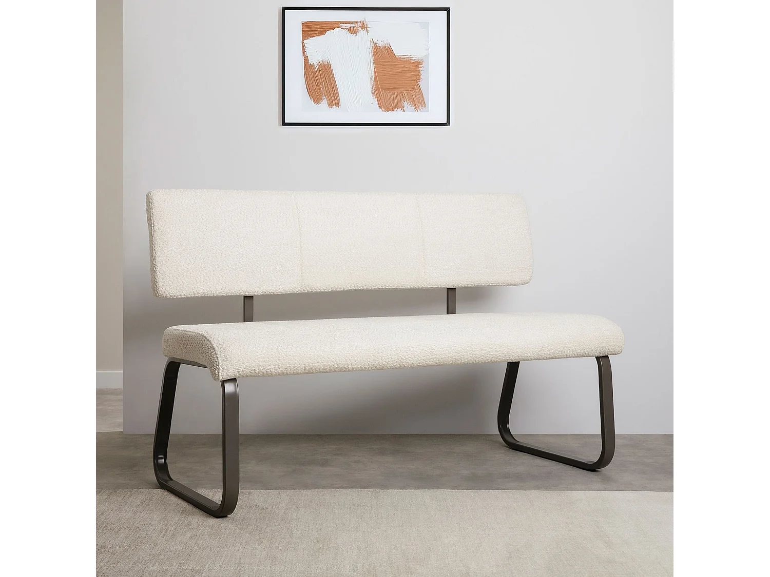 Banc d'entrée VILAS siège avec 3 places, banquette au piètement chromé, revêtement en tissu bouclé, blanc