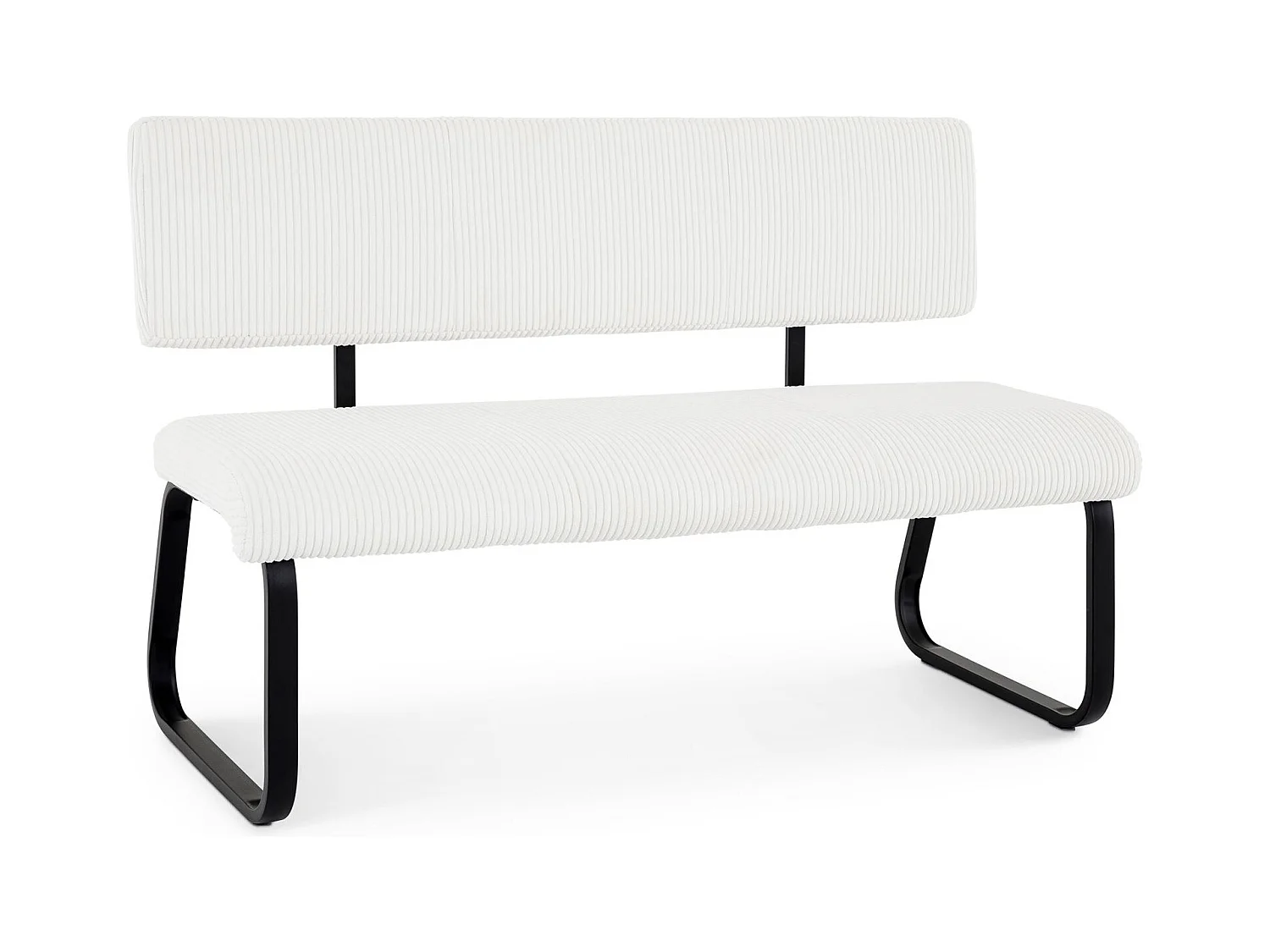 Banc de salle à manger MATESE L 135 cm en velours côtelé blanc avec dossier structure métal, 3 places, assise rembourrée