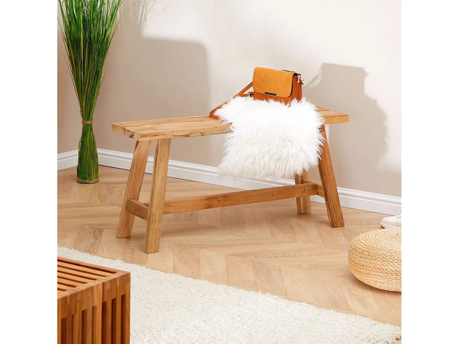 Banc bout de lit SANSIBAR L 90 cm en bois massif lasuré naturel, Siège repose-pieds style sobre et rustique