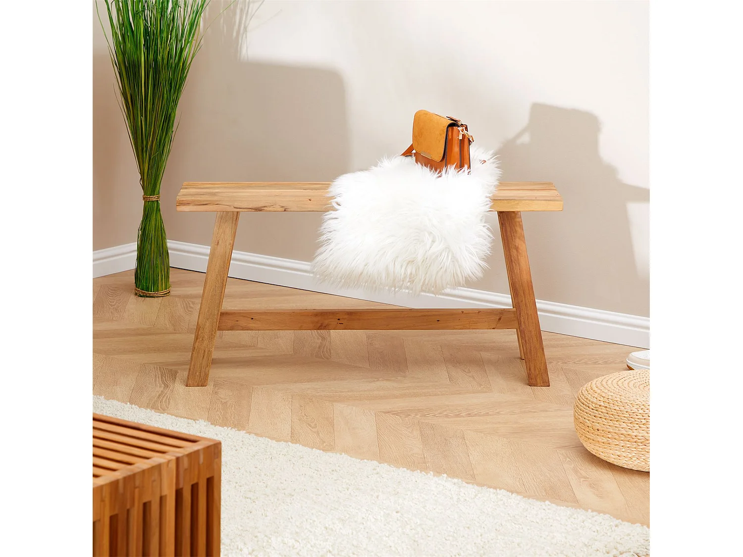 Banc bout de lit SANSIBAR L 90 cm en bois massif lasuré naturel, Siège repose-pieds style sobre et rustique