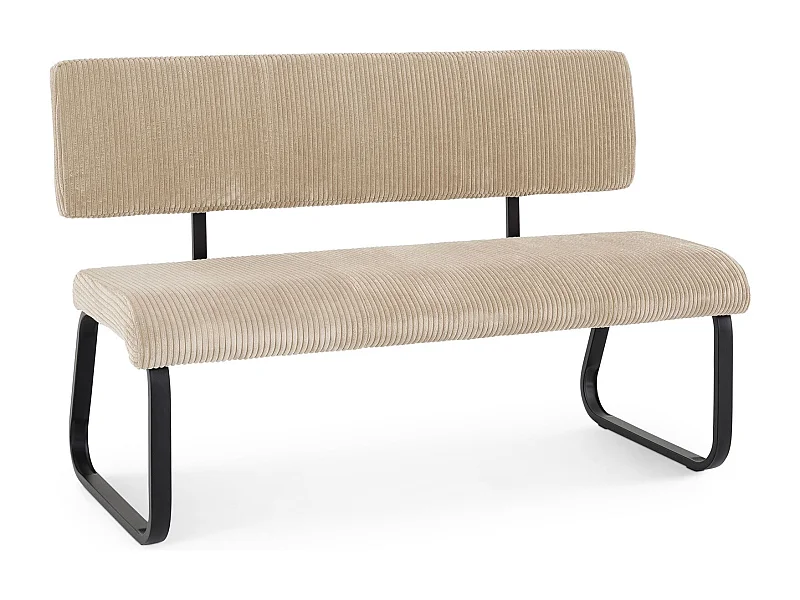 Banc de salle à manger MATESE L 135 cm en velours côtelé beige avec dossier structure métal, 3 places, blanc assise rembourrée