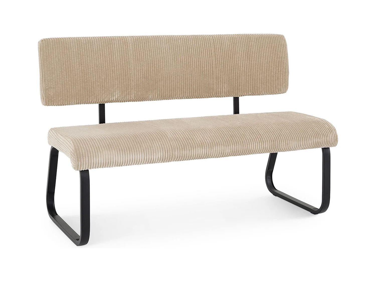 Banc de salle à manger MATESE L 135 cm en velours côtelé beige avec dossier structure métal, 3 places, blanc assise rembourrée
