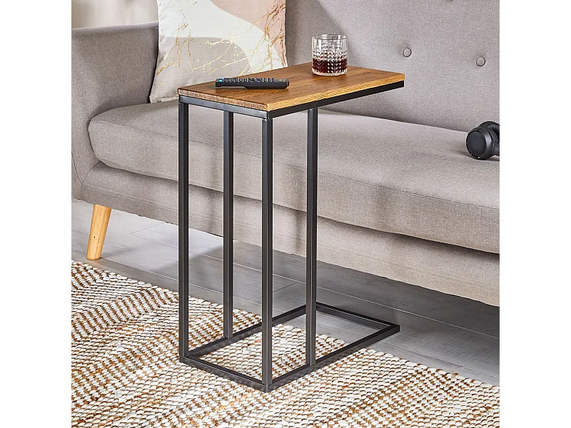 Bout de canapé DEBORA coloris vintage noir, table d'appoint , table basse de salon, cadre en métal gris et plateau rectangulaire