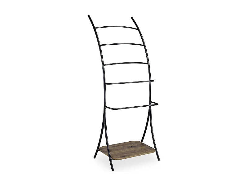 Porte-serviettes sur pied EDY avec 5 niveaux de différentes hauteurs en métal noir et 1 étagère portant pour salle de bain