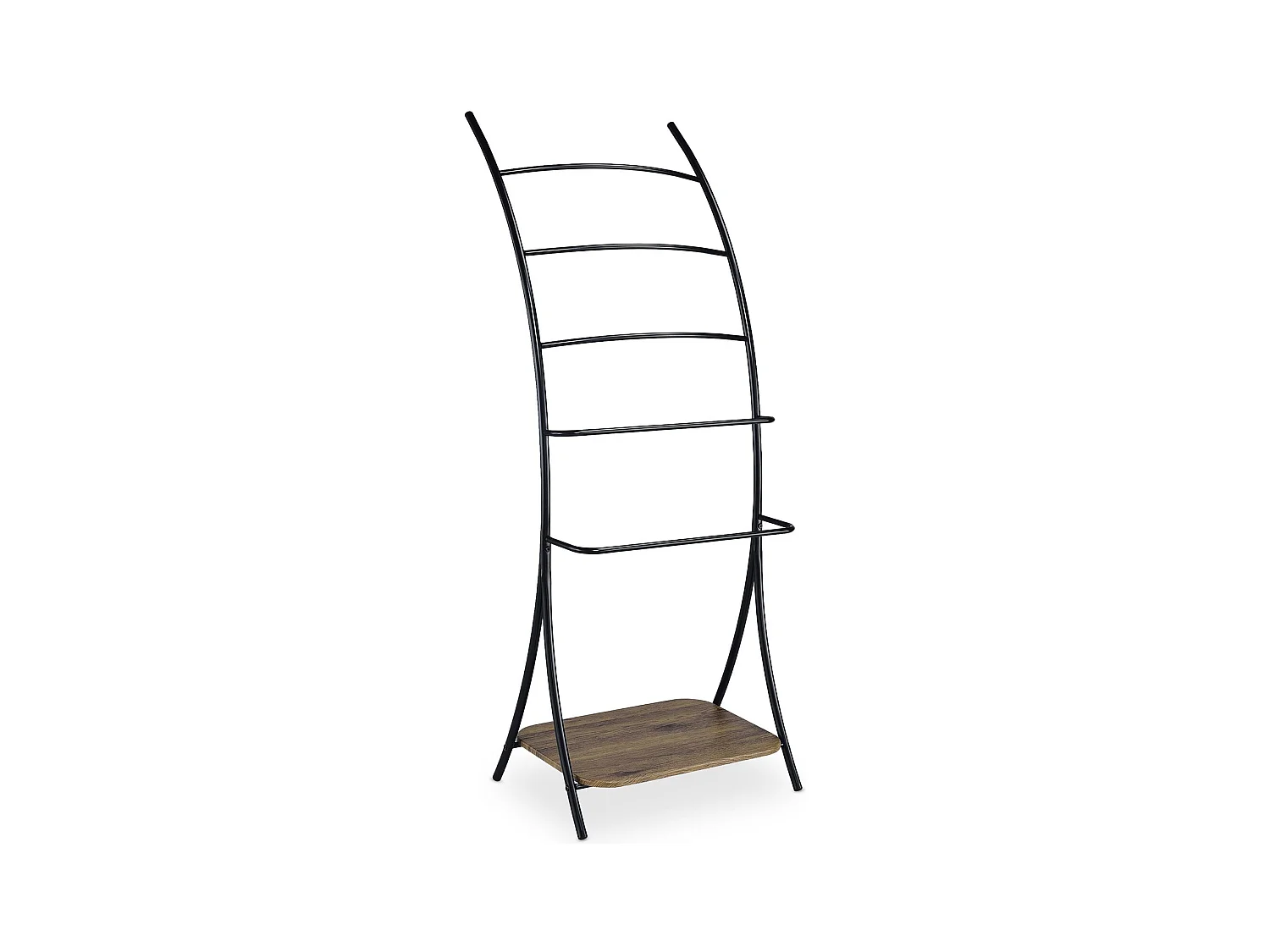 Porte-serviettes sur pied EDY avec 5 niveaux de différentes hauteurs en métal noir et 1 étagère portant pour salle de bain