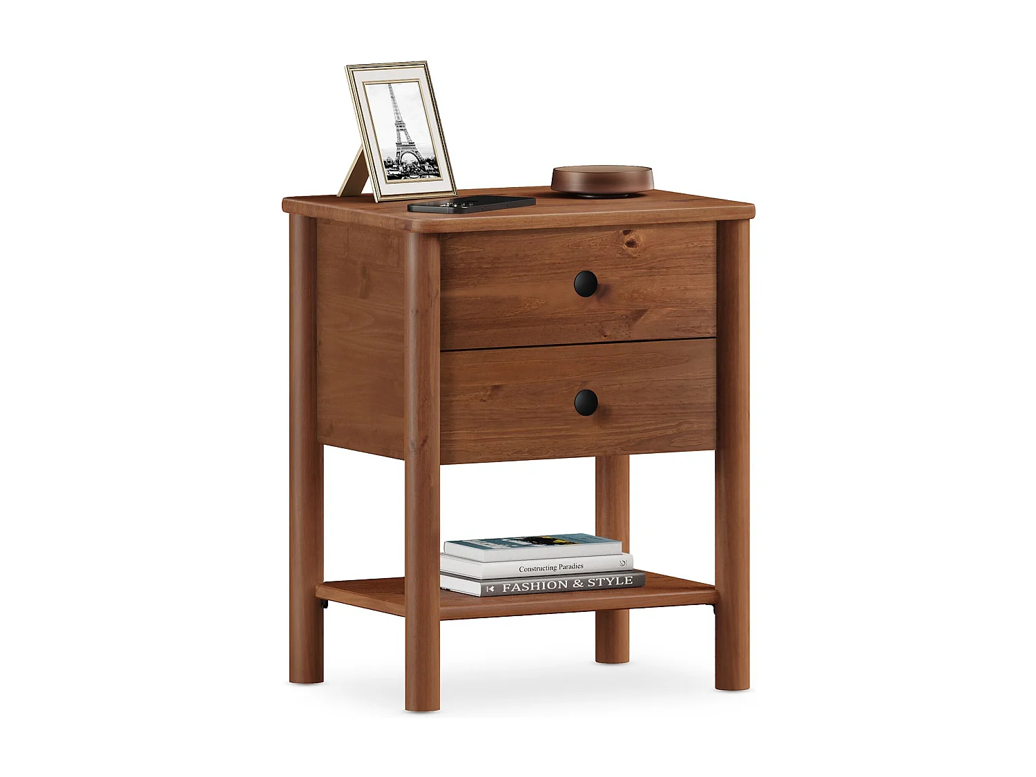 Table de chevet APOANA H 54 cm en Bois massif coloris châtaignier avec 2 Tiroirs et 1 Étagère inférieure