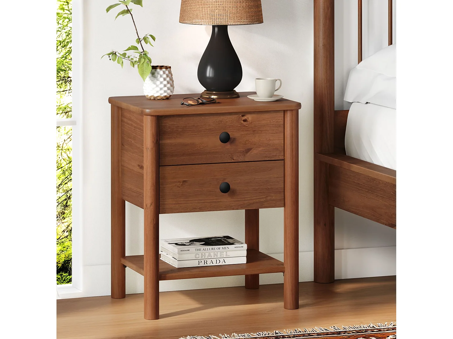 Table de chevet APOANA H 54 cm en Bois massif coloris châtaignier avec 2 Tiroirs et 1 Étagère inférieure