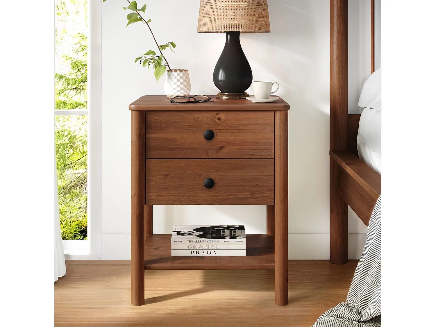 Table de chevet APOANA H 54 cm en Bois massif coloris châtaignier avec 2 Tiroirs et 1 Étagère inférieure